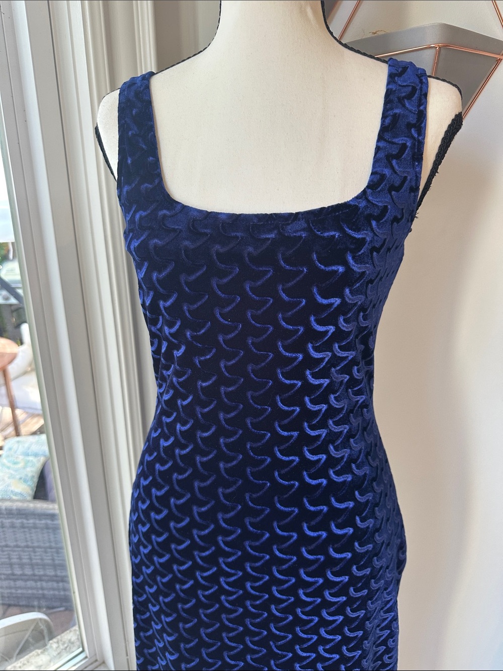 VINTAGE Y2K 90s Navy Blue Velvet Formal Wedding Maxi Sheath Column Dress Size 6